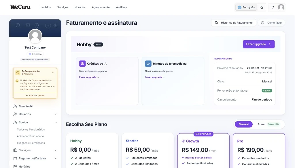 WeCura company portal — billing and subscription plans