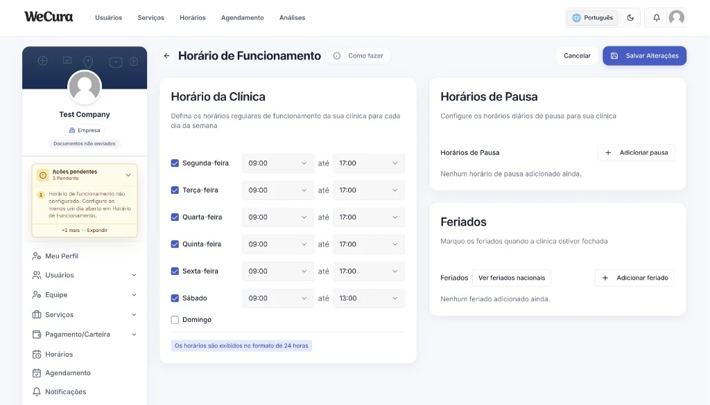 WeCura company portal — clinic opening hours, breaks, and holidays