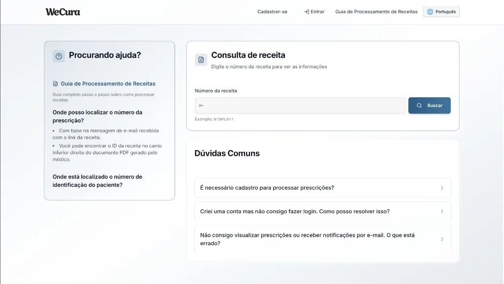 WeCura Farmácia portal — search a prescription by ID
