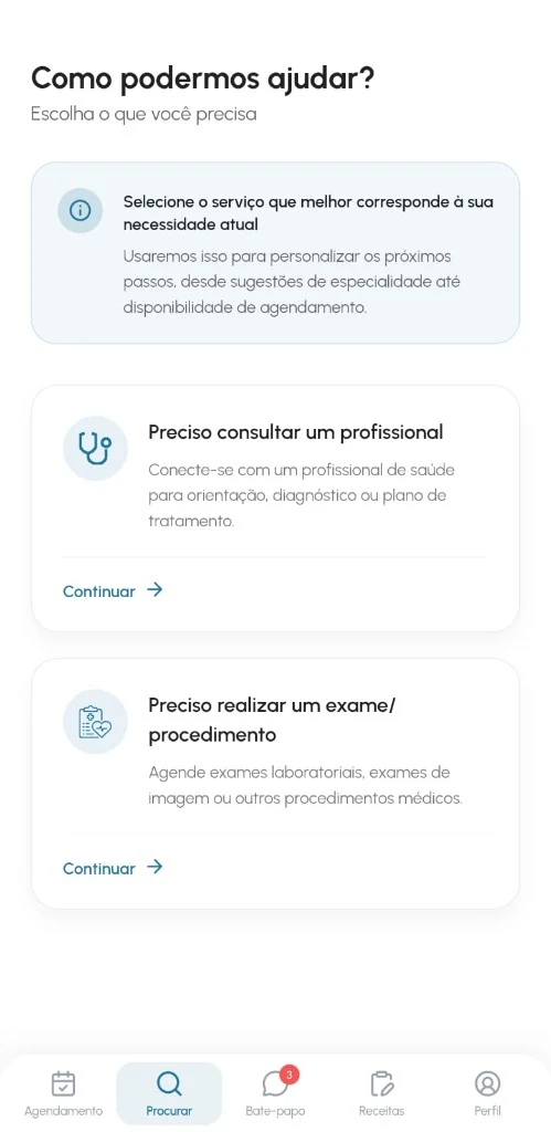 App WeCura do paciente — escolha como precisa de cuidado
