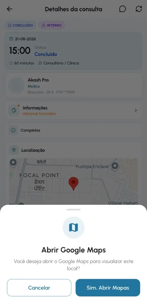 WeCura patient app — consultation details and location