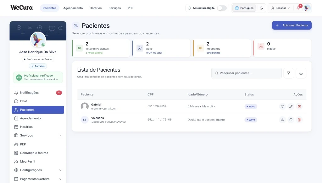 Painel de pacientes WeCura Pro
